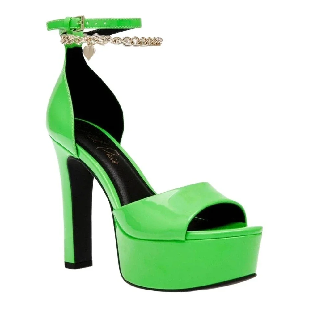 WILD PAIR Ankle Strap Heels Womens Size‎ 7.5 Bright Green Platform Chain Edgy
